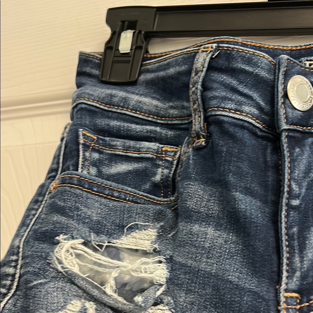 American Eagle Outfitters Women's Dark Blue Ripped Jean Shorts - Picture 7 of 17